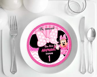 Decoración de mesa de cumpleaños de Minnie Mouse: Centro de mesa editable con temática de Mickey en rosa y negro – MYM09