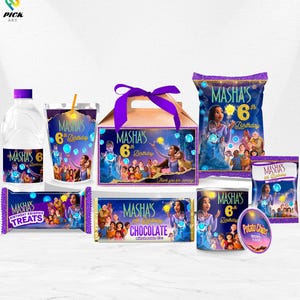 May include: A collection of party supplies featuring a cartoon theme. Items include water bottles, juice pouches, a gift box with a purple ribbon, snack bags, a chocolate bar, a can, and a container of potato chips. All items are decorated with the text "Masha's 6th Birthday".
