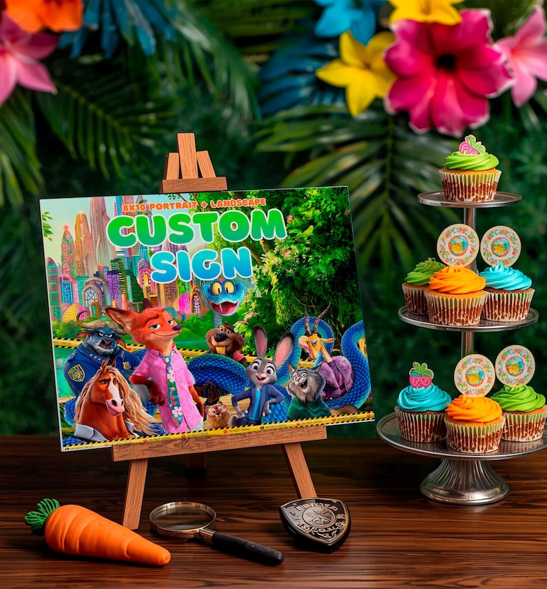 a book titled "Custom Sign" with illustrations of cartoon characters, including a fox, a rabbit, and other animals, along with a wooden easel displaying the book cover. The book is surrounded by a variety of colorful cupcakes and a magnifying glass on a wooden surface.
