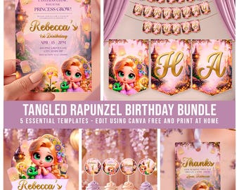 Tangled Rapunzel Party Bundle: Fairy Tale Girl Birthday Kit, Editable Canva (Digital Download) - TAN01