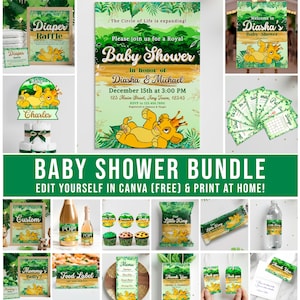 Puede incluir: Un paquete de baby shower con temática de cachorro de león. Incluye invitaciones, letrero de rifa de pañales, adornos para cupcakes, etiquetas para botellas de agua y tarjetas de agradecimiento. El texto dice "Baby Shower Bundle, Edit Yourself in Canva (Free) & Print at Home!"