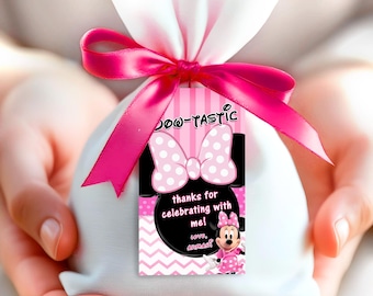 Minnie Mouse födelsedagstacketikett: Redigerbar Mickey-tema-gåvoetikett i rosa och svart – MYM09