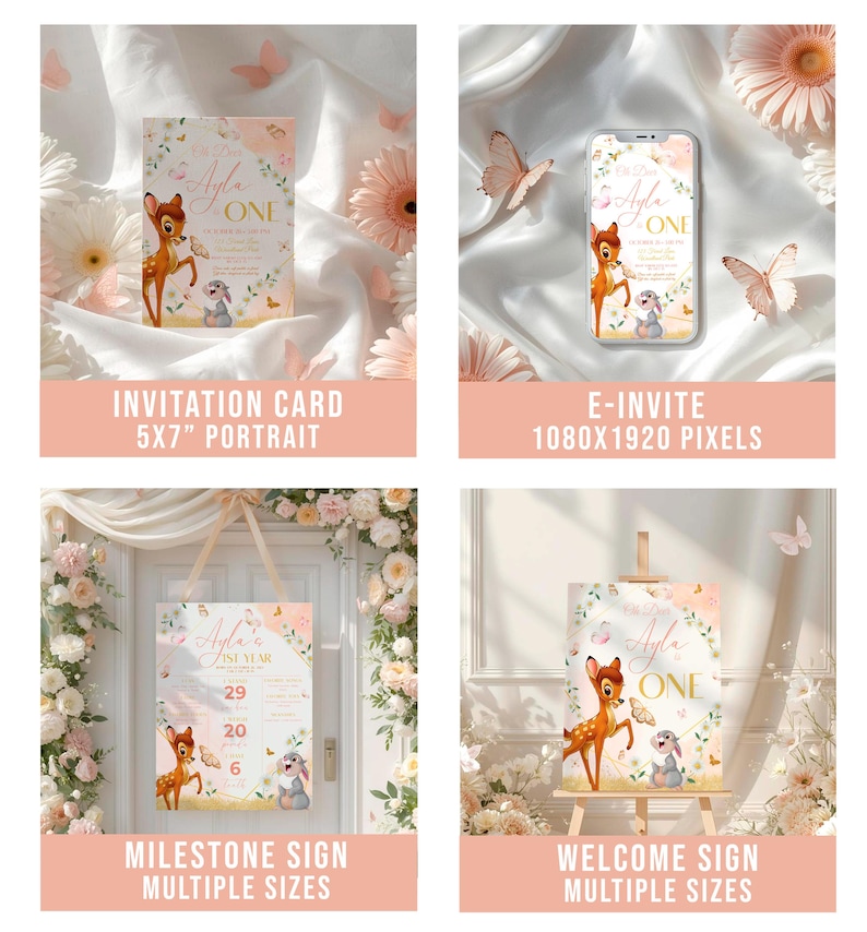 Bambi Birthday Bundle: Woodland Kit in Canva, Set of 40 Items (digital ...