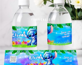 Editable Stitch Baby Shower Water Bottle Label: Green & Blue (Digital) - STI05