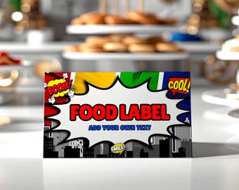 Super Hero Birthday Food Card: Comic Book Buffet Card template (Digital Download) – SH01