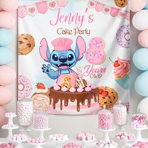 May include: A birthday party banner with the text "Jenny's Cake Party" and a cartoon character. The banner features pink and white decorations, donuts, and a cake. Various candies are displayed on white serving dishes.