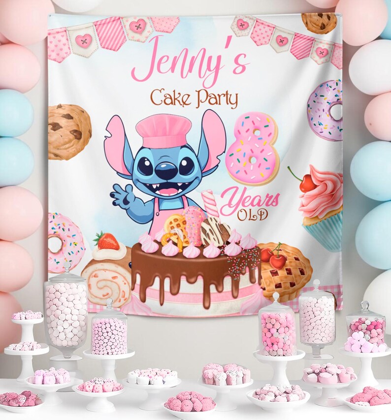 May include: A birthday party banner with the text "Jenny's Cake Party" and a cartoon character. The banner features pink and white decorations, donuts, and a cake. Various candies are displayed on white serving dishes.