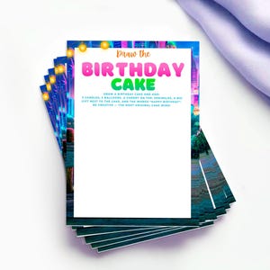 A stack of colorful birthday cake-themed cards with a blank space for drawing a birthday cake and adding a gift.