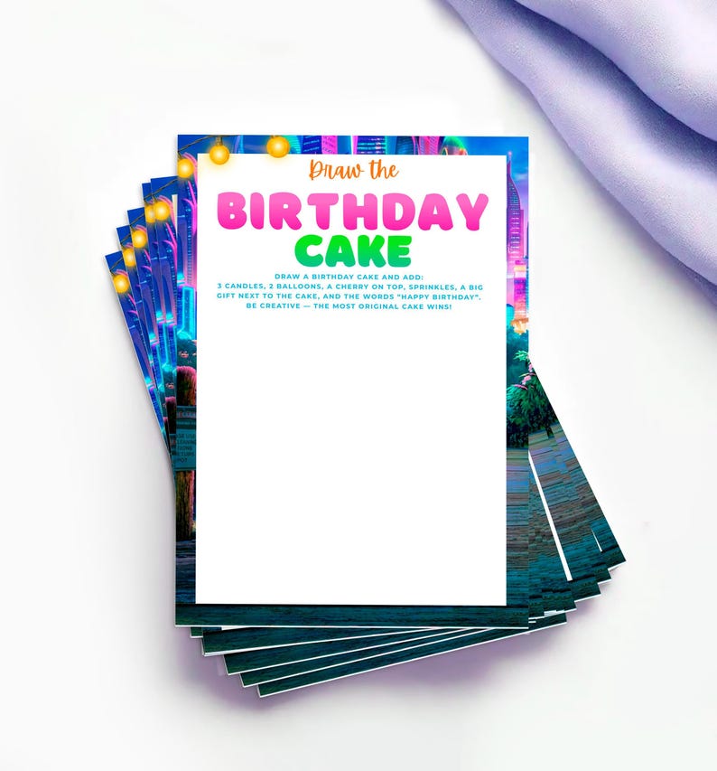 A stack of colorful birthday cake-themed cards with a blank space for drawing a birthday cake and adding a gift.