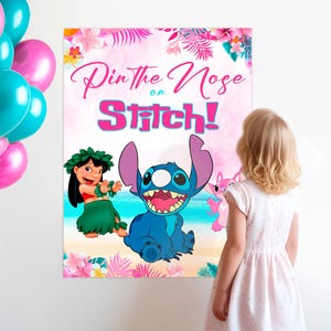 May include: A colourful "Pin the Nose on Stitch!" party game poster featuring the character Stitch from the Disney film Lilo & Stitch. The poster has a pink and blue background with tropical flowers and Stitch's image.