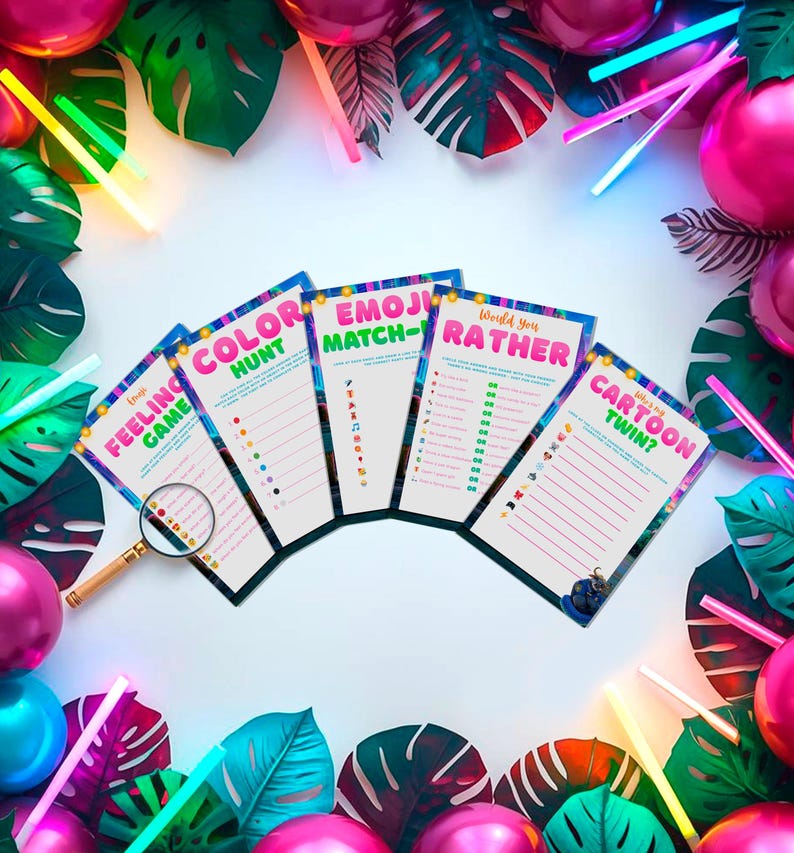 a collection of colorful papers with various texts and illustrations, surrounded by a border of neon lights and tropical leaves.