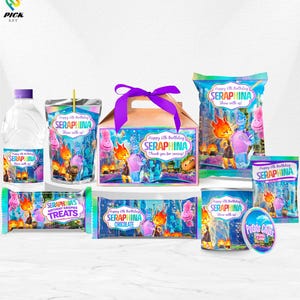 May include: A collection of party favors and snacks, including a water bottle, juice pouch, gift box, and various treat packages. Each item features the text "Happy 6th Birthday SERAPHINA" with colorful cartoon graphics. The items are designed for a birthday celebration.
