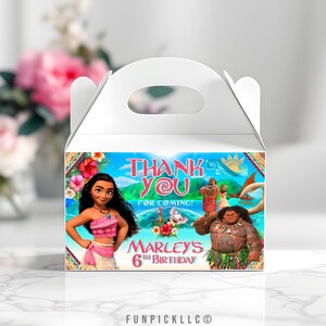 May include: White gable box with a colorful graphic featuring characters from a popular animated movie. The box reads "Thank You For Coming!" and "Marley's 6th Birthday". The design includes floral elements and a tropical theme.