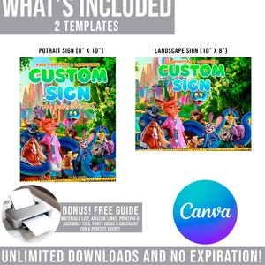 two templates for custom signs, including a portrait sign and a landscape sign. The templates feature cartoon animals and a colorful, whimsical design. The image also includes a bonus guide for creating custom signs, along with a Canva logo and a message that states " Unlimited downloads and no expiration! You can print it right away using Canva or directly on your home printer."