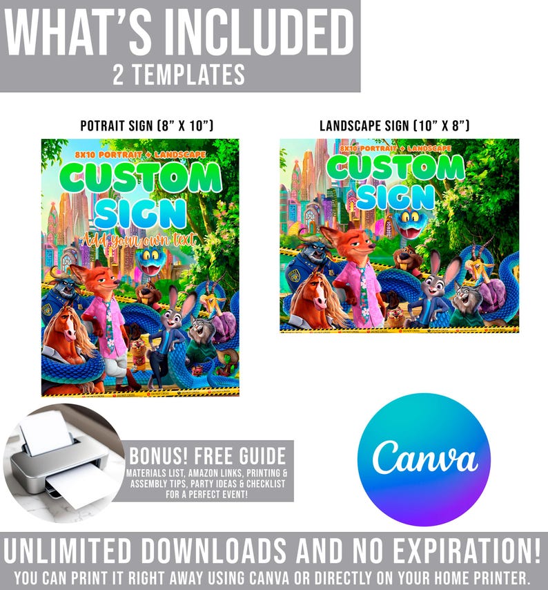 two templates for custom signs, including a portrait sign and a landscape sign. The templates feature cartoon animals and a colorful, whimsical design. The image also includes a bonus guide for creating custom signs, along with a Canva logo and a message that states " Unlimited downloads and no expiration! You can print it right away using Canva or directly on your home printer."