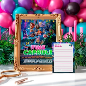 a framed poster of a colorful cartoon character surrounded by balloons, placed on a table with a blank guest card next to it.