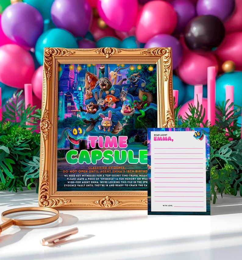 a framed poster of a colorful cartoon character surrounded by balloons, placed on a table with a blank guest card next to it.