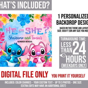 Puede incluir: Un archivo digital para un dise&ntilde;o de tel&oacute;n de fondo de revelaci&oacute;n de g&eacute;nero. El dise&ntilde;o presenta el texto "He or She?" con los nombres "Shainario and Timia's" y personajes de dibujos animados. El tel&oacute;n de fondo es personalizable.