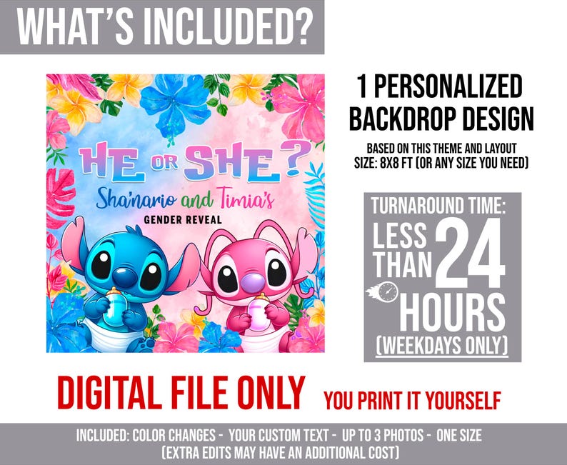 Puede incluir: Un archivo digital para un dise&ntilde;o de tel&oacute;n de fondo de revelaci&oacute;n de g&eacute;nero. El dise&ntilde;o presenta el texto "He or She?" con los nombres "Shainario and Timia's" y personajes de dibujos animados. El tel&oacute;n de fondo es personalizable.