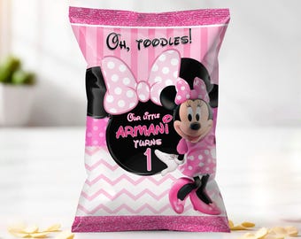 Sacchetto per patatine di compleanno di Minnie Mouse: rosa, nero, modello modificabile - MYM09