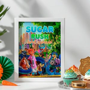 a framed poster of animated animals, including a dog, cat, and rabbit, set against a colorful background with a cityscape.