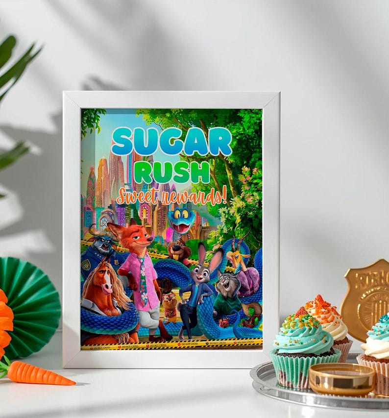 a framed poster of animated animals, including a dog, cat, and rabbit, set against a colorful background with a cityscape.