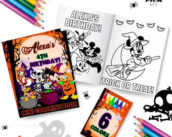 May include: A Halloween-themed mini coloring book with the text "Alexa's 4th Birthday!" and a pack of six colored pencils. The coloring book features cartoon characters and the words "Trick or Treat!" and "Alexa's Birthday!"