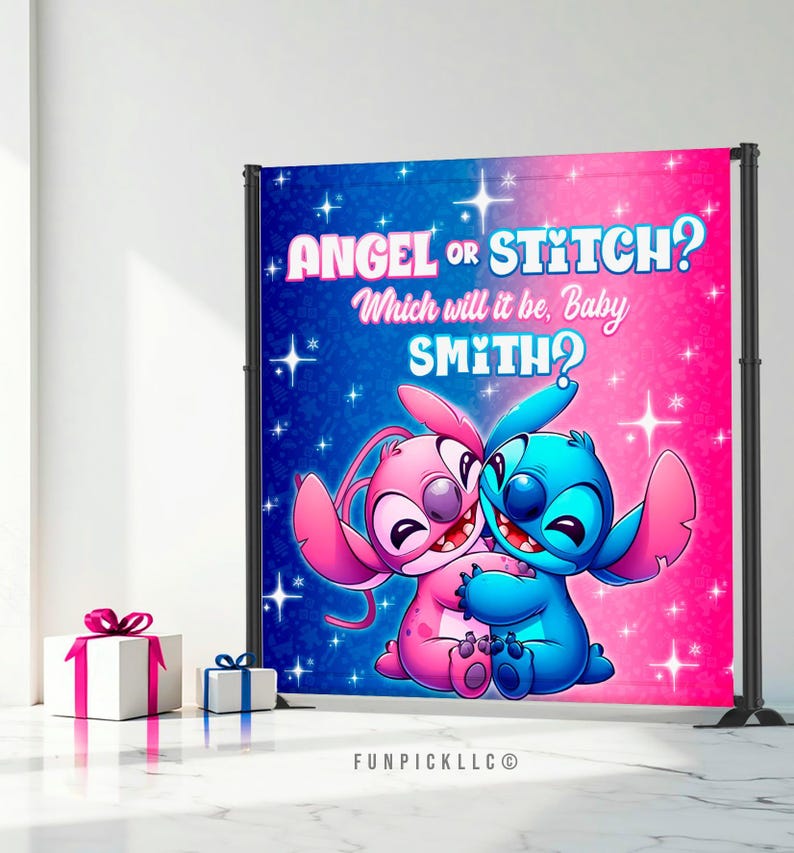 Stitch Gender Reveal Banner: Editable Stitch and Angel Theme Wall Art (Digital Download) – STA01 image 4