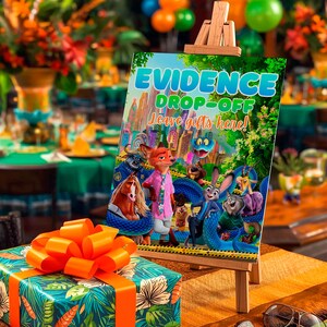 a colorful poster or sign with cartoon animal characters, placed on a wooden easel, with a gift box with an orange ribbon on a table in front of it.