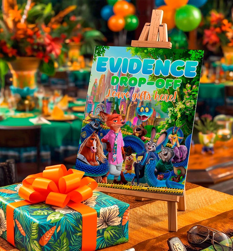 a colorful poster or sign with cartoon animal characters, placed on a wooden easel, with a gift box with an orange ribbon on a table in front of it.