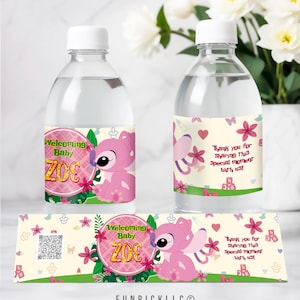 a bottle of water with a pink elephant on it