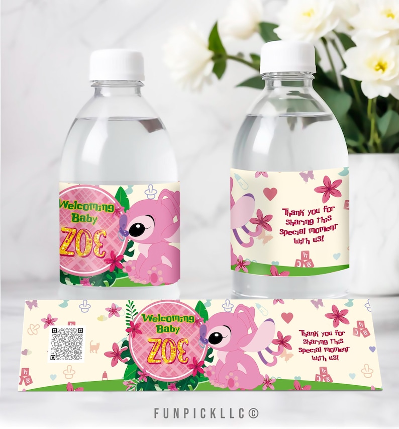 a bottle of water with a pink elephant on it