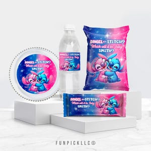 May include: A collection of party supplies featuring the characters Angel and Stitch. Includes a plate, water bottle, snack bag, and candy bar, all with a pink and blue color scheme and the text "Angel or Stitch? Which will it be Baby SMITH?"