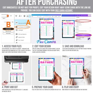 The image is a step-by-step guide on how to create a "RATHER" game using a free Canva design. It provides instructions on how to access and edit the design, print and cut out the game sheets, and prepare the game for play. The guide includes images of hands holding the game sheets and a keyboard, as well as a keyboard and a mouse. The guide does not contain any text that is too long or repetitive, and it focuses on providing clear instructions for creating the game.