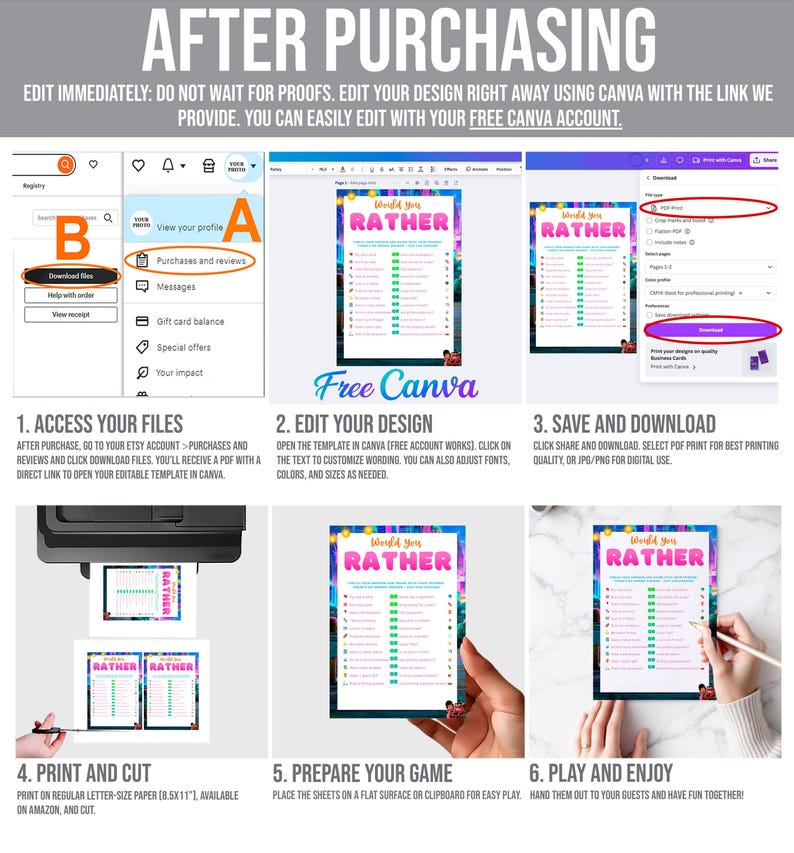 The image is a step-by-step guide on how to create a "RATHER" game using a free Canva design. It provides instructions on how to access and edit the design, print and cut out the game sheets, and prepare the game for play. The guide includes images of hands holding the game sheets and a keyboard, as well as a keyboard and a mouse. The guide does not contain any text that is too long or repetitive, and it focuses on providing clear instructions for creating the game.