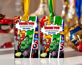 Super Hero Birthday Thank You Tag: Comic Book Favor Tag template (Digital Download) – SH01