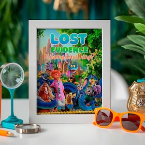 a framed poster of a cartoon character scene, with various cartoon animals and a cityscape in the background.