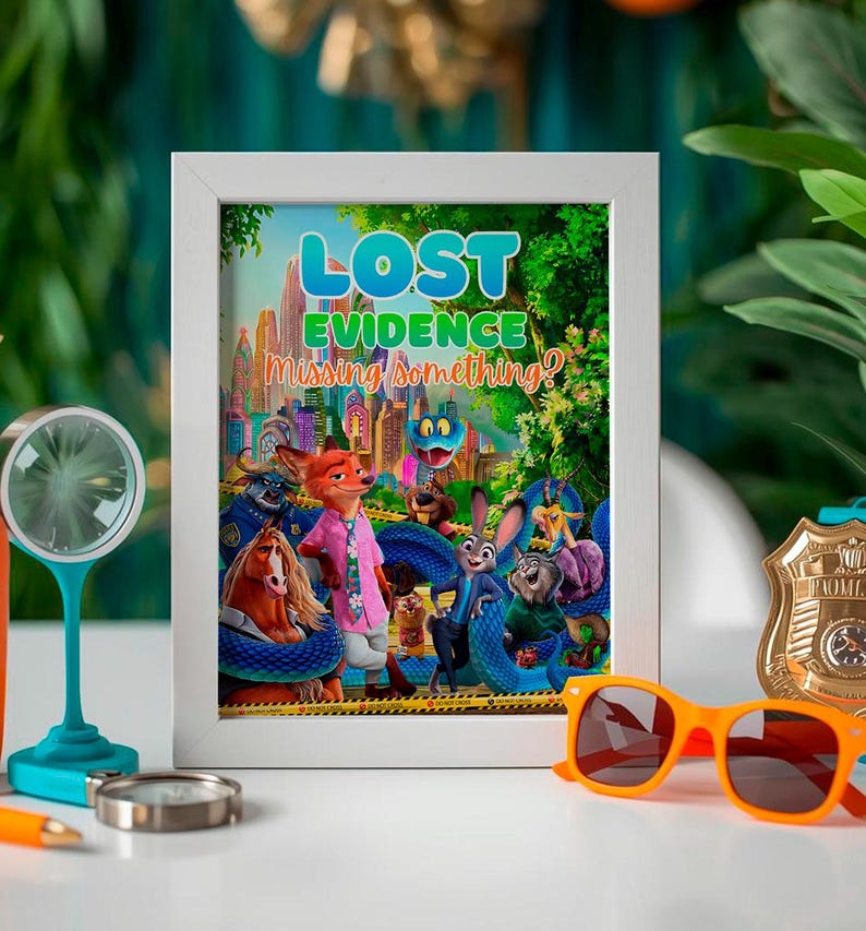 a framed poster of a cartoon character scene, with various cartoon animals and a cityscape in the background.