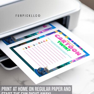 A printer is printing a list of cartoon twin questions on a piece of paper, which is placed on a white surface.