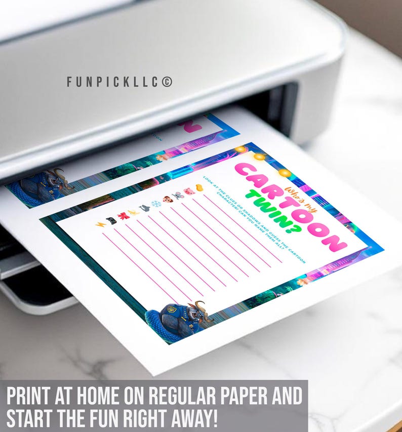 A printer is printing a list of cartoon twin questions on a piece of paper, which is placed on a white surface.
