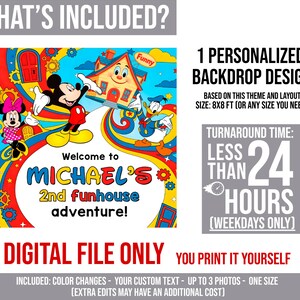 Pu&ograve; includere: Un design di sfondo digitale colorato con Topolino, Minnie e Paperino. Il design include il testo "Welcome to MICHAEL'S 2nd funhouse adventure!" e "DIGITAL FILE ONLY". Il tempo di consegna &egrave; inferiore a 24 ore.