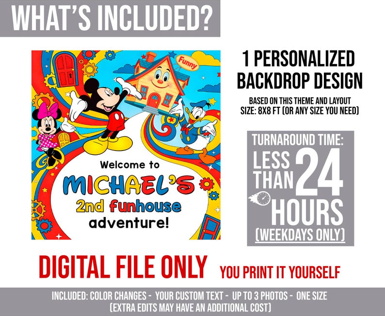 Pu&ograve; includere: Un design di sfondo digitale colorato con Topolino, Minnie e Paperino. Il design include il testo "Welcome to MICHAEL'S 2nd funhouse adventure!" e "DIGITAL FILE ONLY". Il tempo di consegna &egrave; inferiore a 24 ore.