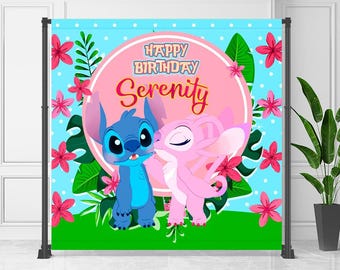 Banner de cumpleaños de Stitch y Ángel: Arte mural editable de Stitch (descarga digital) – STA04