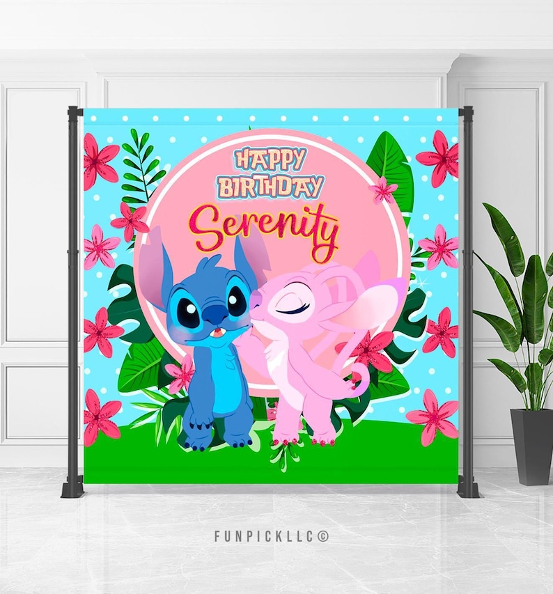 Stitch and Angel Birthday Banner: Editable Stitch Wall Art (Digital Download) – STA04 image 1