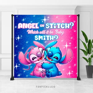 Stitch Gender Reveal Banner: Editable Stitch and Angel Theme Wall Art (Digital Download) – STA01 image 1