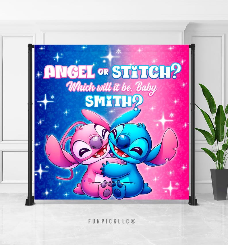 Stitch Gender Reveal Banner: Editable Stitch and Angel Theme Wall Art (Digital Download) – STA01 image 1