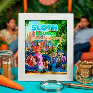 a framed poster of a cartoon sloth lounge scene, with various cartoon characters such as a police officer, a police badge, and a magnifying glass.