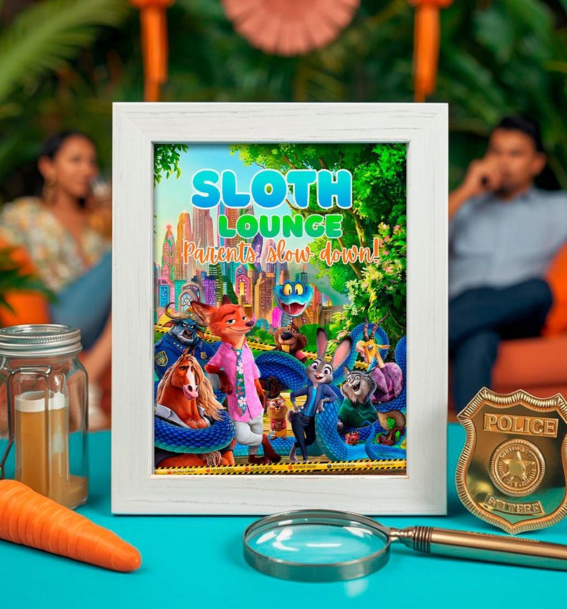 a framed poster of a cartoon sloth lounge scene, with various cartoon characters such as a police officer, a police badge, and a magnifying glass.