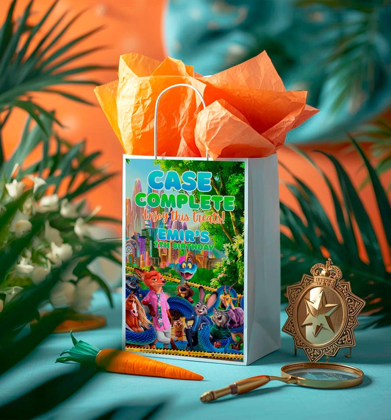 a white gift bag with a colorful illustration of cartoon characters, placed on a table with a magnifying glass and a carrot.