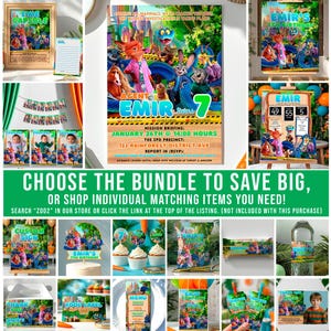 The image is a collage of various images related to a children's birthday party theme, featuring a character named "Emir" and a jungle setting.
